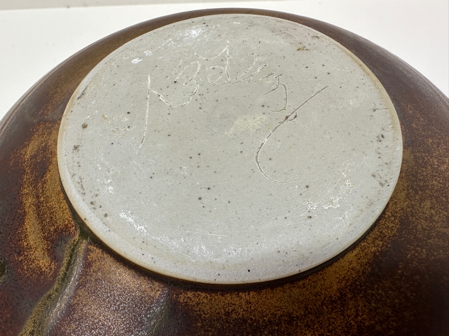 Signed Mid-Century Glazed Pottery Vase 9W X 5.5H [Photo 8]