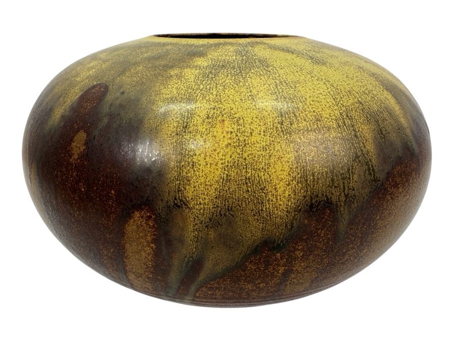 Signed Mid-Century Glazed Pottery Vase 9W X 5.5H