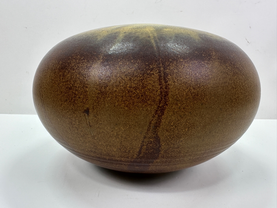 Signed Mid-Century Glazed Pottery Vase 9W X 5.5H [Photo 5]