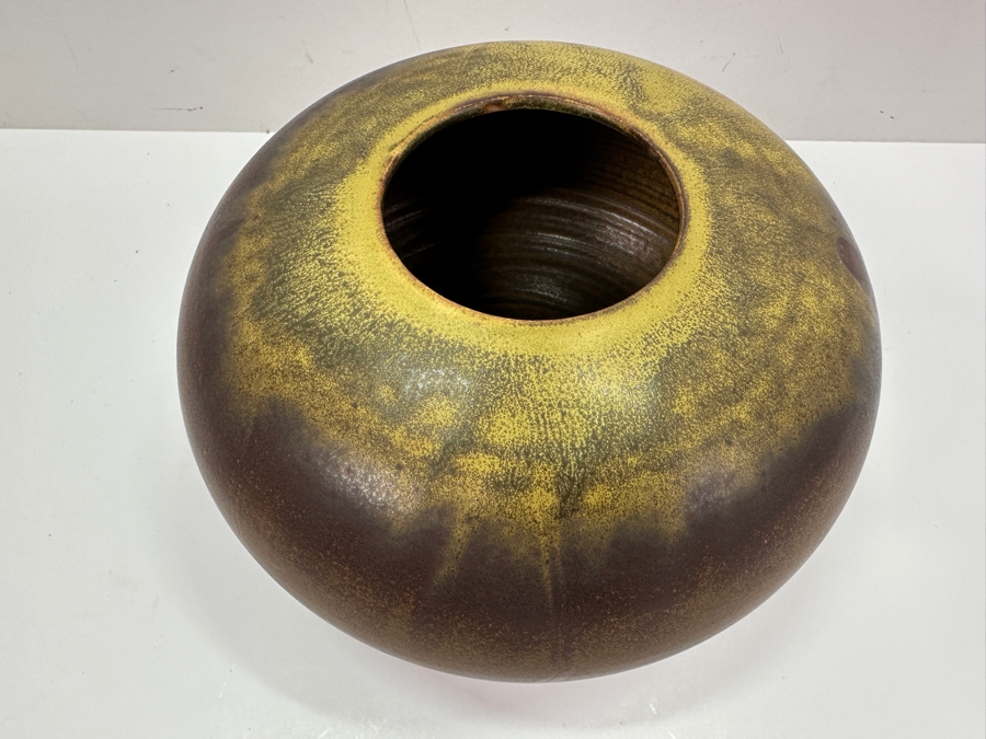 Signed Mid-Century Glazed Pottery Vase 9W X 5.5H [Photo 6]