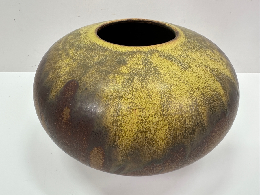 Signed Mid-Century Glazed Pottery Vase 9W X 5.5H [Photo 4]