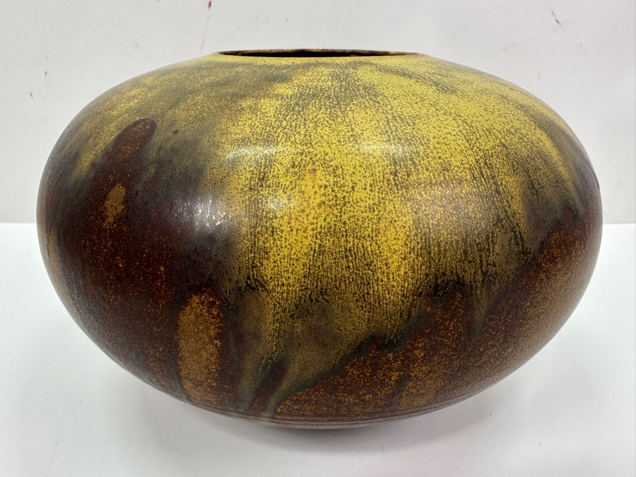 Signed Mid-Century Glazed Pottery Vase 9W X 5.5H [Photo 2]