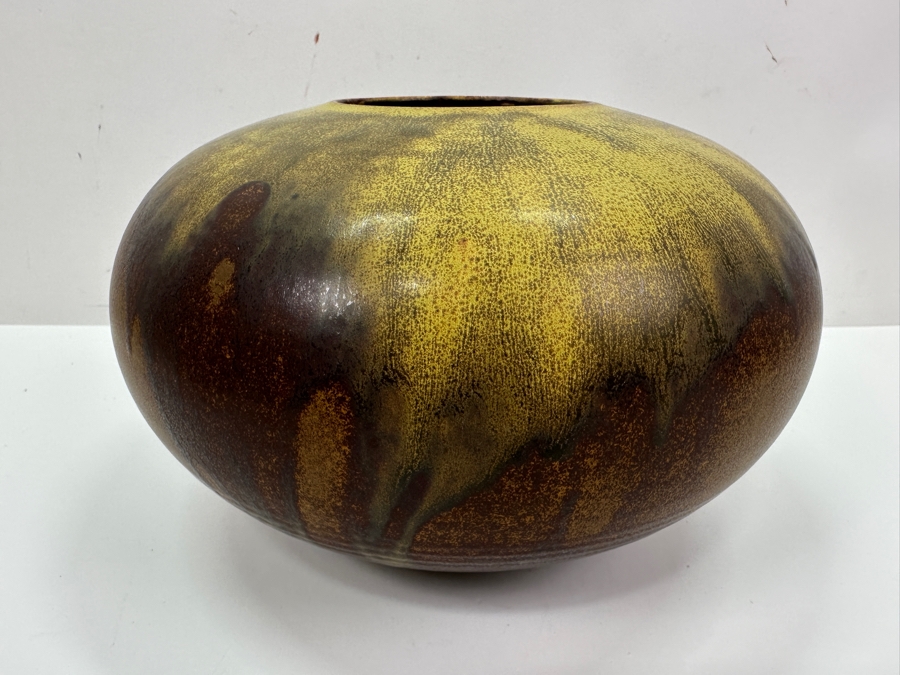 Signed Mid-Century Glazed Pottery Vase 9W X 5.5H [Photo 3]