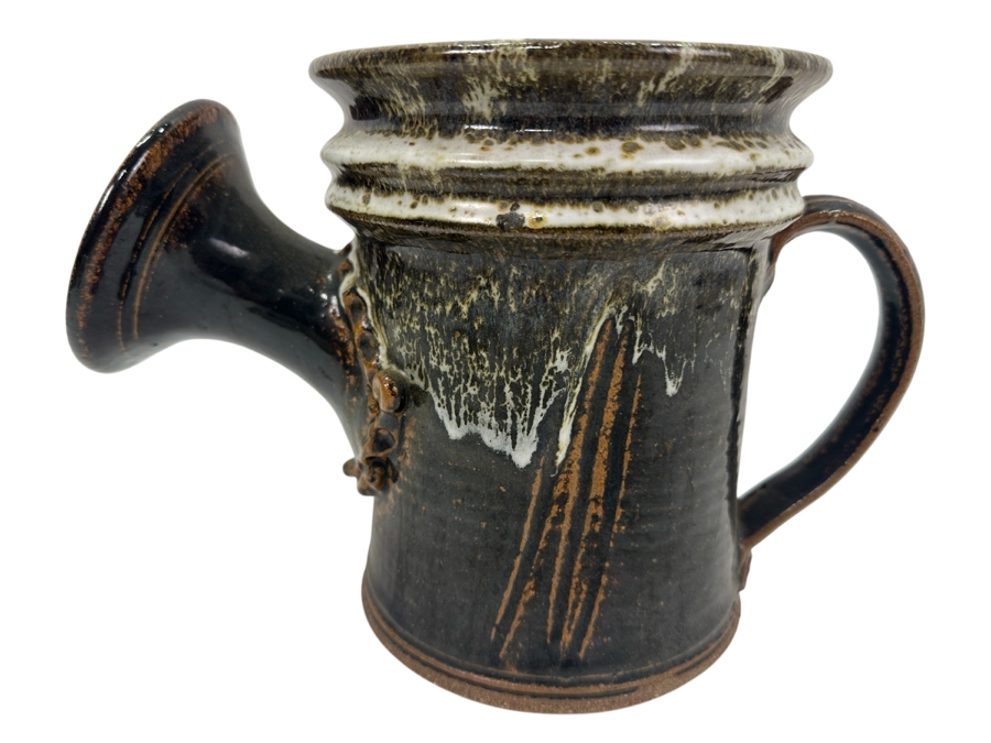 Vintage MCM Artist Signed Handmade Glazed Pottery Watering Can 7.5'H