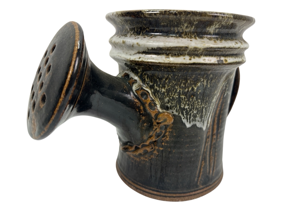 Vintage MCM Artist Signed Handmade Glazed Pottery Watering Can 7.5'H [Photo 2]