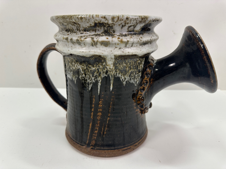 Vintage MCM Artist Signed Handmade Glazed Pottery Watering Can 7.5'H [Photo 4]