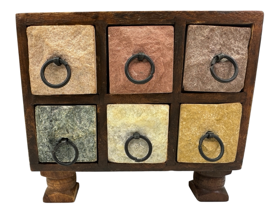 Stone Front 6-Drawer Wooden Footed Box 7.5W X 5.5D X 6.5H