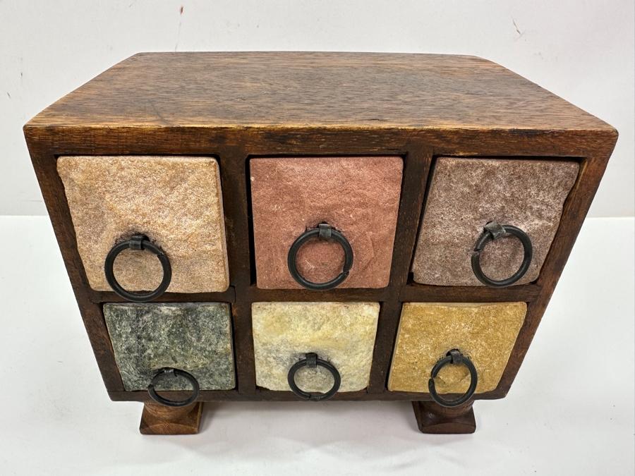 Stone Front 6-Drawer Wooden Footed Box 7.5W X 5.5D X 6.5H [Photo 3]