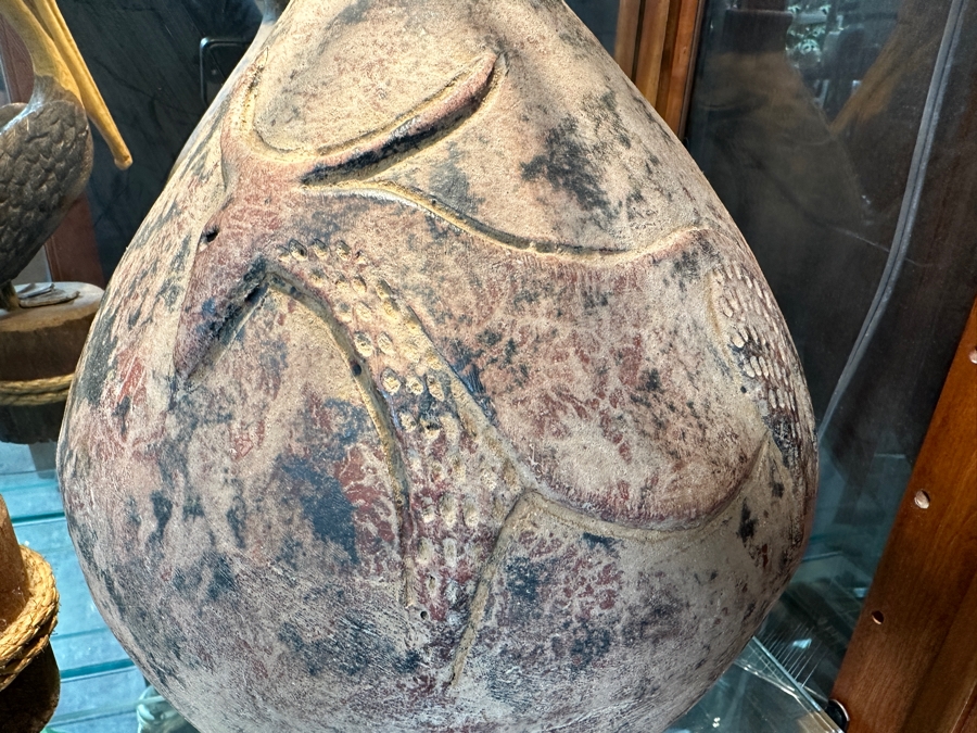 Handmade Old Clay Pottery Pot Featuring Two Raised Animals With Horns Weighs 17lbs 12W X 14H [Photo 17]