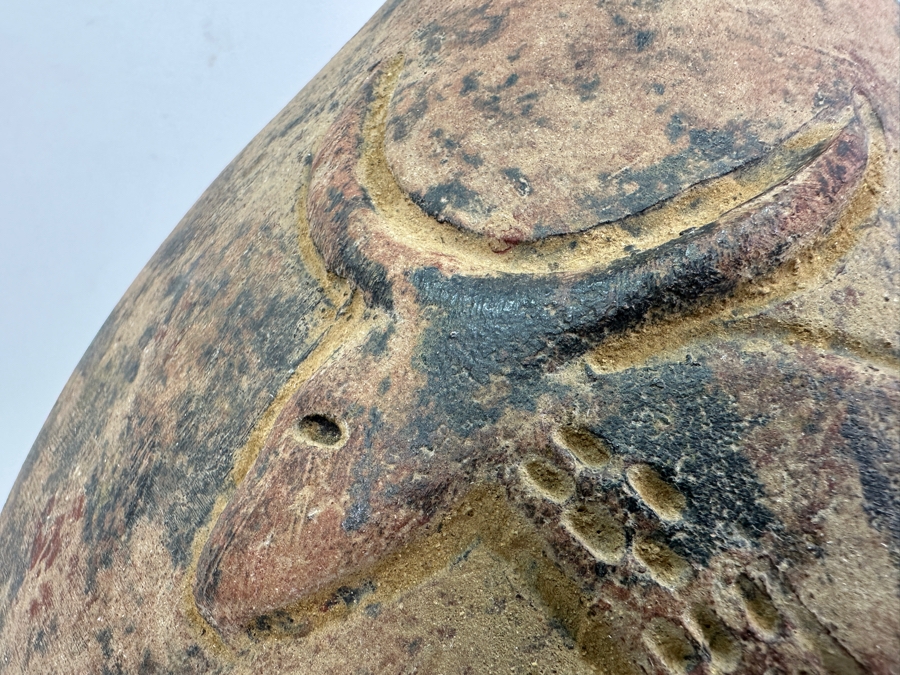 Handmade Old Clay Pottery Pot Featuring Two Raised Animals With Horns Weighs 17lbs 12W X 14H [Photo 4]