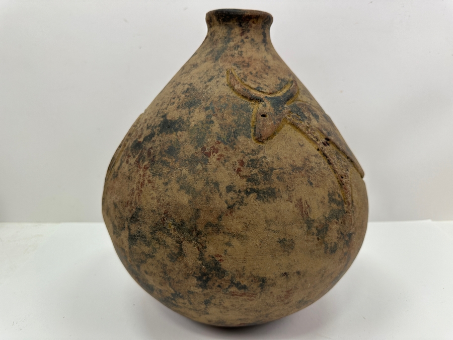 Handmade Old Clay Pottery Pot Featuring Two Raised Animals With Horns Weighs 17lbs 12W X 14H [Photo 8]