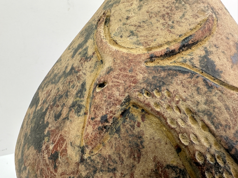 Handmade Old Clay Pottery Pot Featuring Two Raised Animals With Horns Weighs 17lbs 12W X 14H [Photo 11]