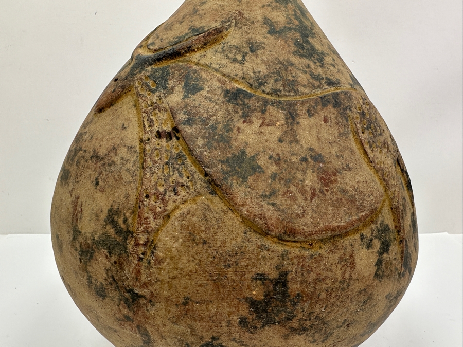 Handmade Old Clay Pottery Pot Featuring Two Raised Animals With Horns Weighs 17lbs 12W X 14H [Photo 3]