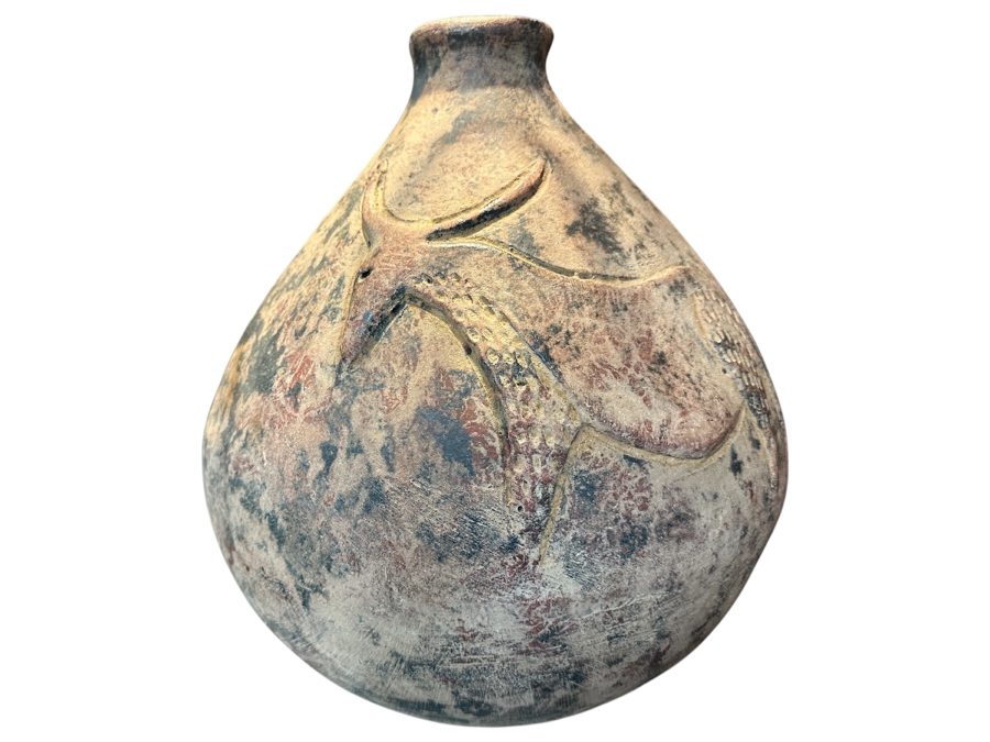 Handmade Old Clay Pottery Pot Featuring Two Raised Animals With Horns Weighs 17lbs 12W X 14H