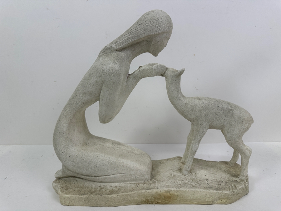 Vintage 1981 Austin Productions Plaster Sculpture Titled 'Girl With Fawn' By Artist Marc La Pointe 15.5W X 5.5D X 13H [Photo 5]