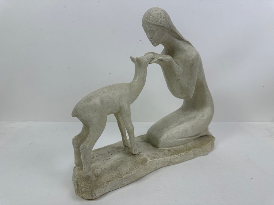 Vintage 1981 Austin Productions Plaster Sculpture Titled 'Girl With Fawn' By Artist Marc La Pointe 15.5W X 5.5D X 13H [Photo 2]