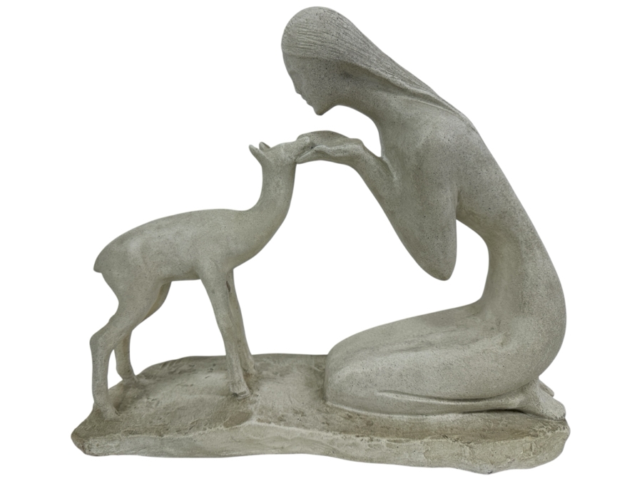 Vintage 1981 Austin Productions Plaster Sculpture Titled 'Girl With Fawn' By Artist Marc La Pointe 15.5W X 5.5D X 13H