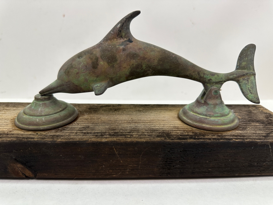 Vintage Copper Dolphin Door Knocker 9'L Mounted On Wooden Wall Plaque 13' X 3' [Photo 4]