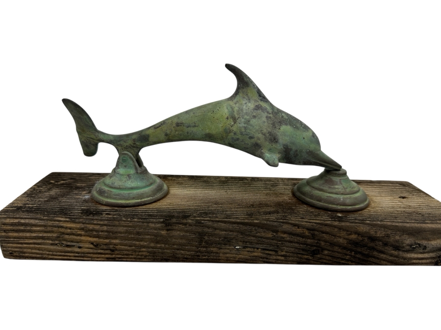 Vintage Copper Dolphin Door Knocker 9'L Mounted On Wooden Wall Plaque 13' X 3'