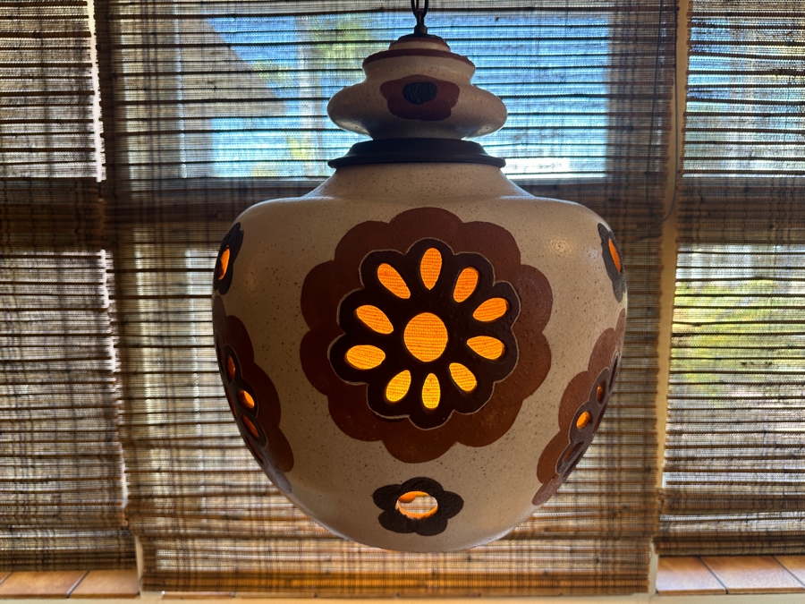 Vintage Mid-Century Modern Hanging Ceramic Light Fixture With Chain 20'H