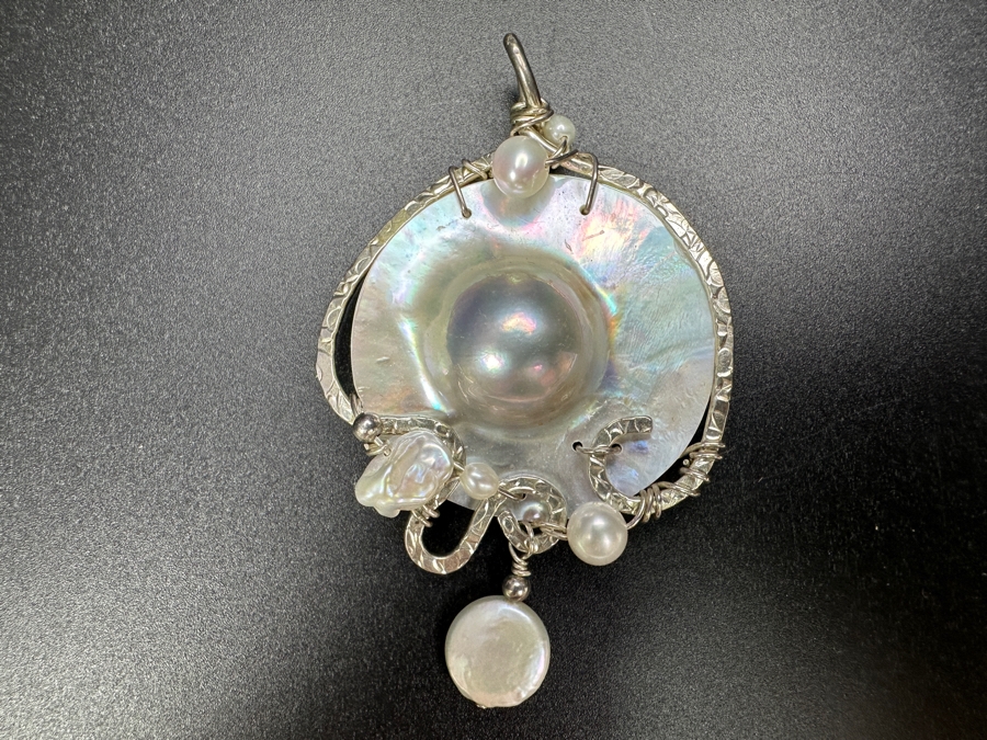Sterling Silver Mother Of Pearl Blister Pearl Pendant 16.7g [Photo 2]