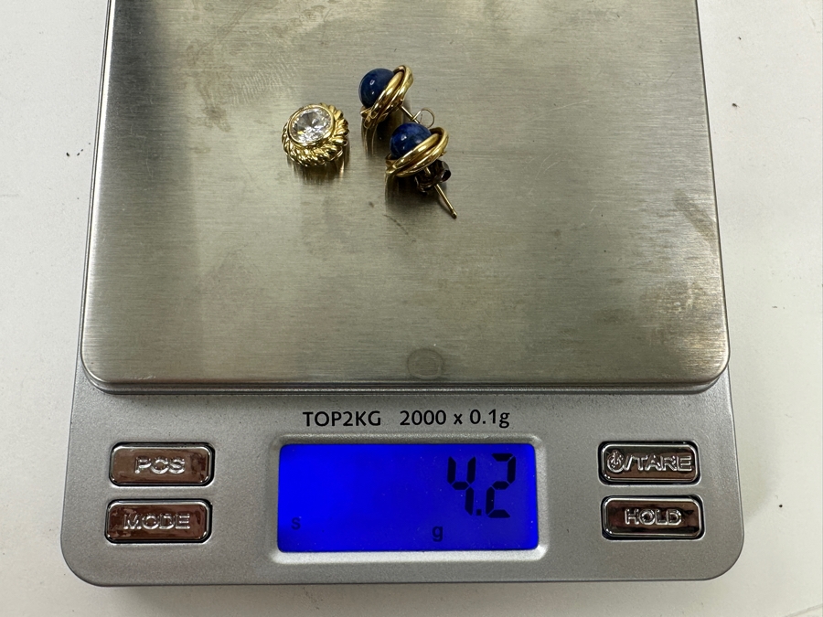 Pair Of 14k Gold Lapis Lazuli Earrings With 14k Gold CZ Pendant 4.2g [Photo 6]