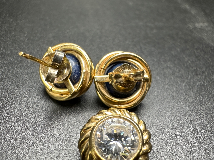 Pair Of 14k Gold Lapis Lazuli Earrings With 14k Gold CZ Pendant 4.2g [Photo 4]
