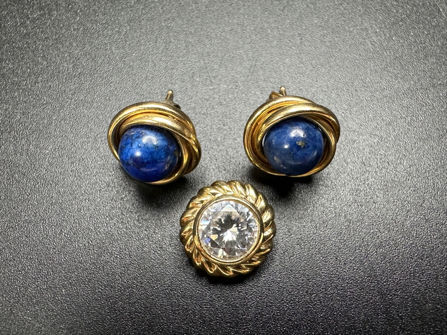 Pair Of 14k Gold Lapis Lazuli Earrings With 14k Gold CZ Pendant 4.2g [Photo 3]