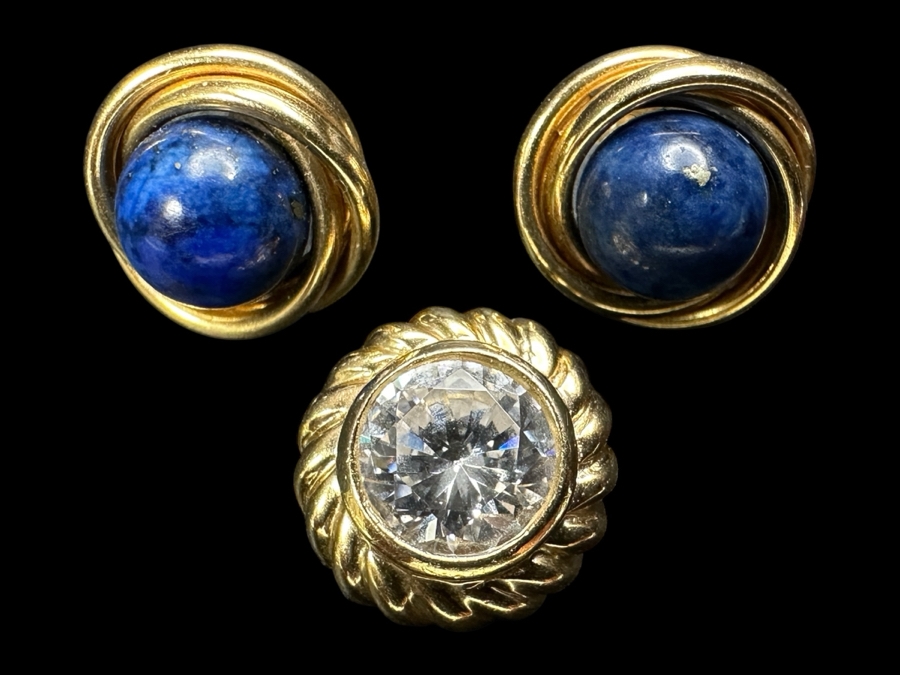 Pair Of 14k Gold Lapis Lazuli Earrings With 14k Gold CZ Pendant 4.2g