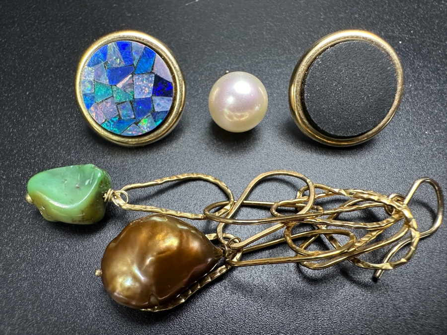 (4) 14k Gold Single Earrings Featuring Opals, Pearls, Turquoise 10.2g [Photo 2]