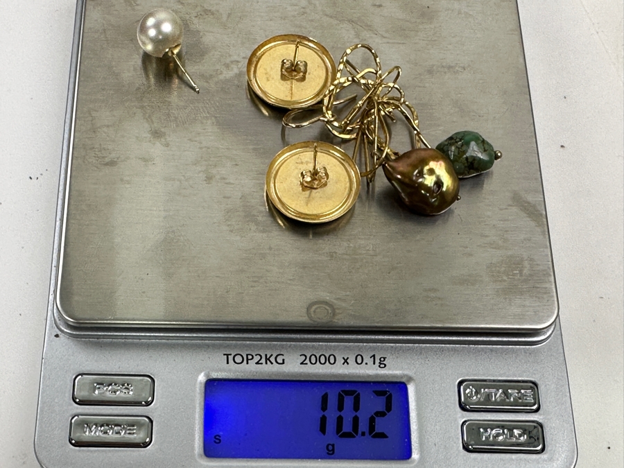 (4) 14k Gold Single Earrings Featuring Opals, Pearls, Turquoise 10.2g [Photo 9]