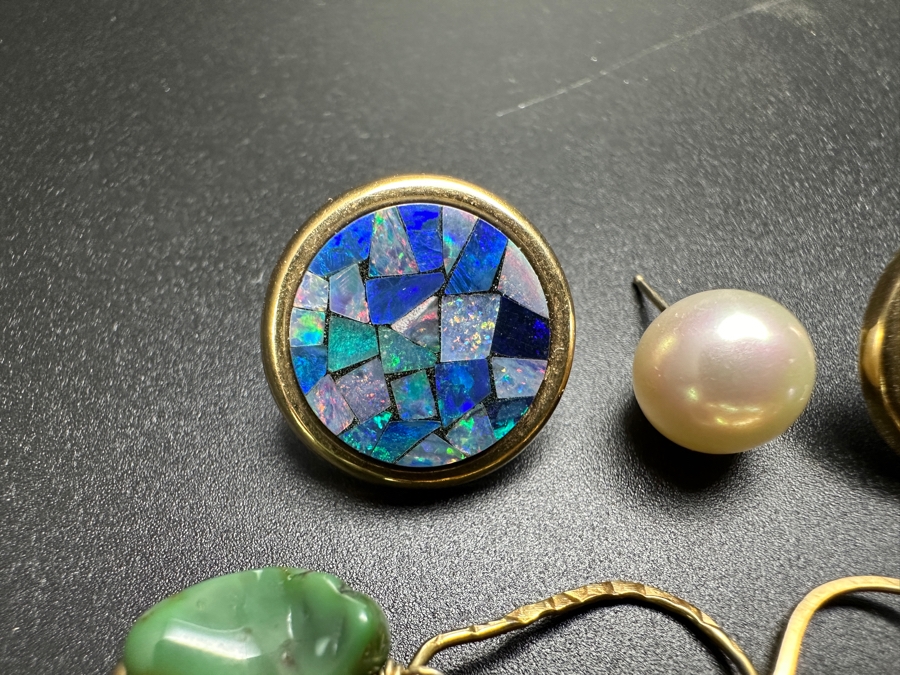 (4) 14k Gold Single Earrings Featuring Opals, Pearls, Turquoise 10.2g [Photo 4]
