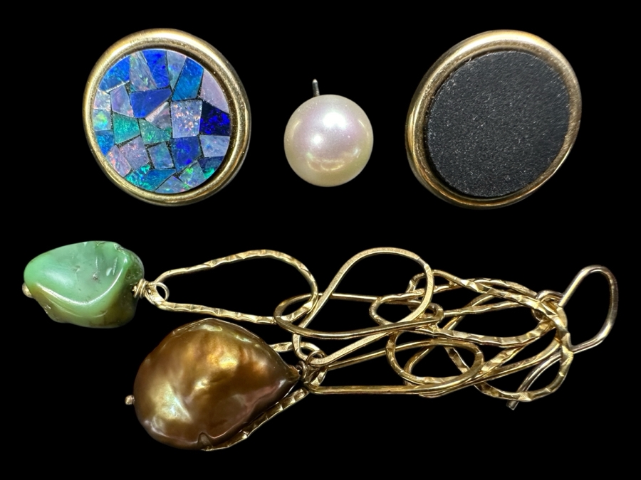 (4) 14k Gold Single Earrings Featuring Opals, Pearls, Turquoise 10.2g