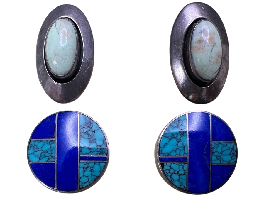 Pair Of Signed Sterling Silver Native American Earrings 15.8g