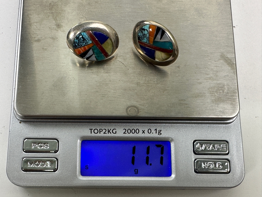 Pair Of Sterling Silver Inlaid Stone Native American Earrings Signed BGM 11.7g [Photo 6]