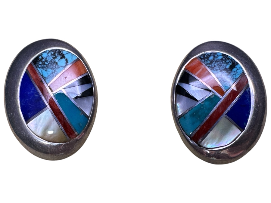 Pair Of Sterling Silver Inlaid Stone Native American Earrings Signed BGM 11.7g