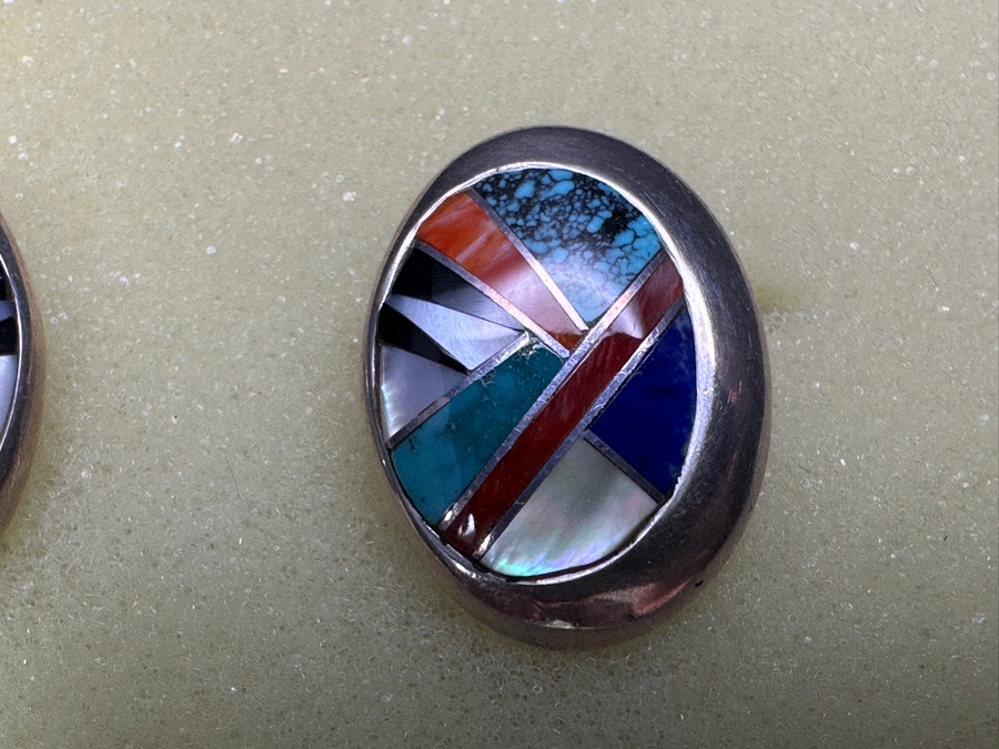Pair Of Sterling Silver Inlaid Stone Native American Earrings Signed BGM 11.7g [Photo 3]