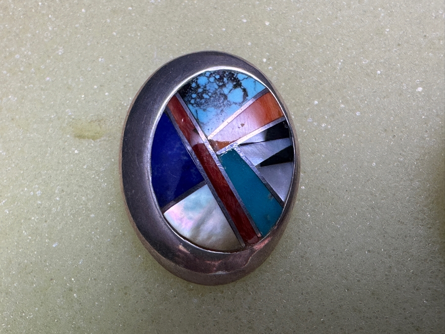 Pair Of Sterling Silver Inlaid Stone Native American Earrings Signed BGM 11.7g [Photo 2]