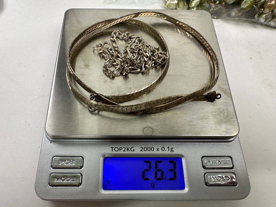 19' Sterling Silver Herringbone Necklace And 16' Sterling Silver Chain Necklace 26.3g [Photo 6]