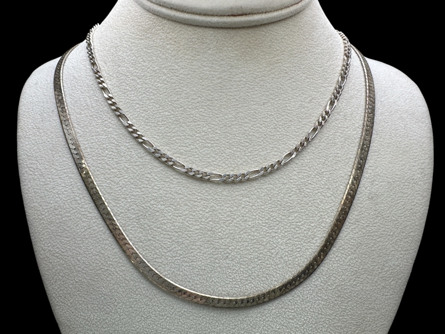 19' Sterling Silver Herringbone Necklace And 16' Sterling Silver Chain Necklace 26.3g