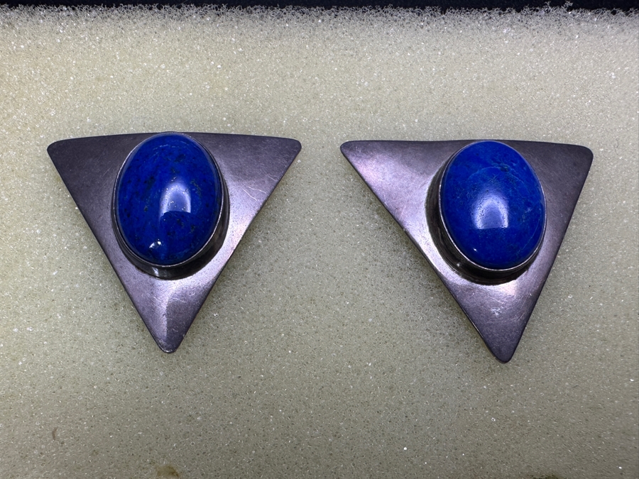 Sterling Silver Lapis Lazuli Earrings Signed M. M. 10.4g [Photo 2]