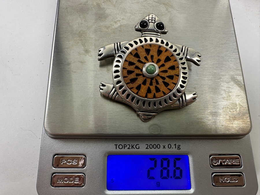 Robert Rivera Sterling Silver, Turquoise, Onyx, Gourd Turtle Pendant Brooch 28.6g [Photo 6]