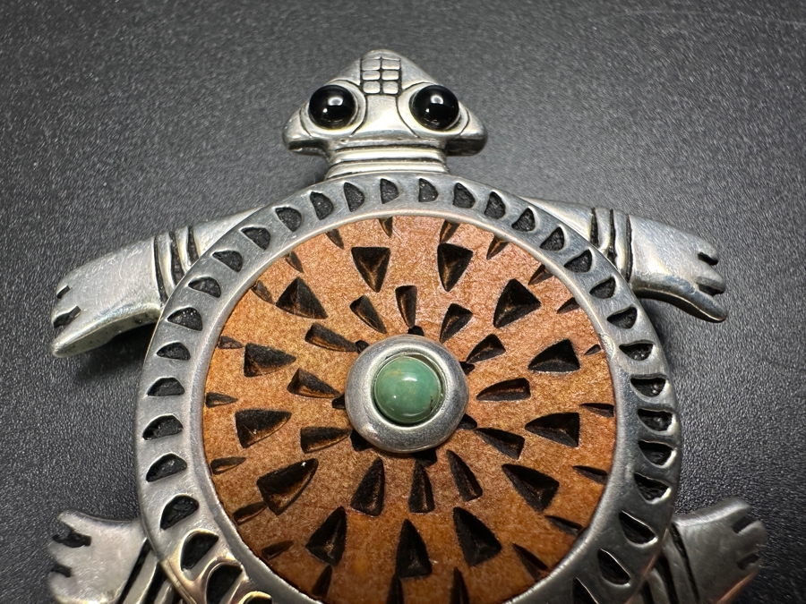 Robert Rivera Sterling Silver, Turquoise, Onyx, Gourd Turtle Pendant Brooch 28.6g [Photo 2]