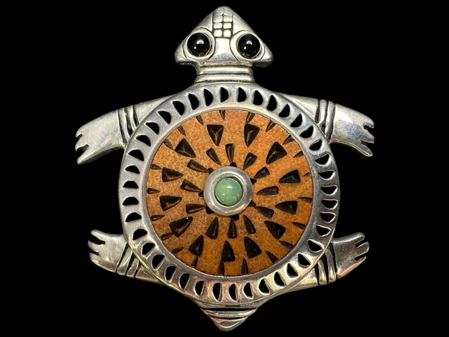 Robert Rivera Sterling Silver, Turquoise, Onyx, Gourd Turtle Pendant Brooch 28.6g