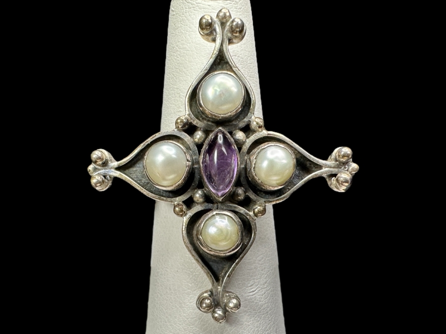 Sterling Silver Ring With Pearls & Amethyst Size 6.5 9.6g