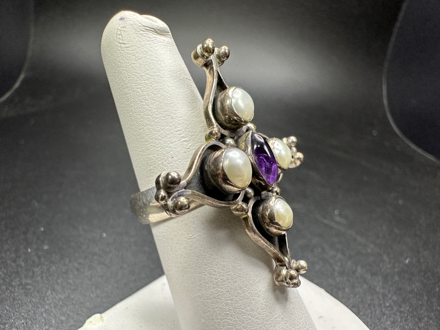 Sterling Silver Ring With Pearls & Amethyst Size 6.5 9.6g [Photo 4]