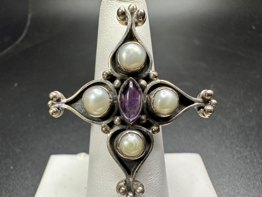 Sterling Silver Ring With Pearls & Amethyst Size 6.5 9.6g [Photo 3]