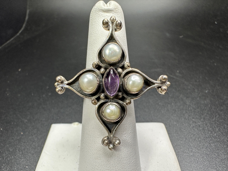 Sterling Silver Ring With Pearls & Amethyst Size 6.5 9.6g [Photo 2]
