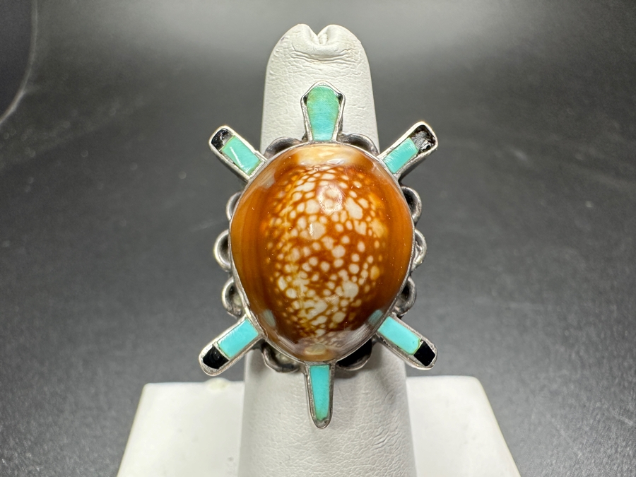 Sterling Silver Bill Lou Zuni Turquoise Cowrie Turtle Ring Size 5.75 8.5g [Photo 2]