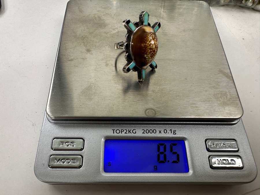 Sterling Silver Bill Lou Zuni Turquoise Cowrie Turtle Ring Size 5.75 8.5g [Photo 9]